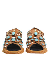 Dolce & Gabbana Brown Leather Studded Slides Sandals Shoes